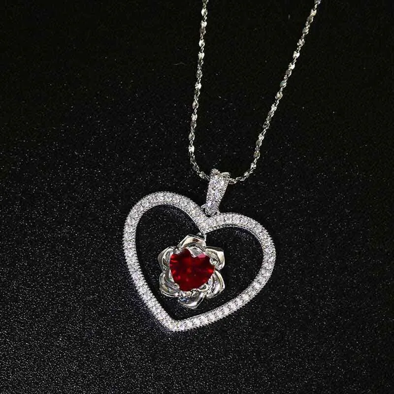 Nature Dainty Rose Heart Pendant Necklace Ruby Red Heart