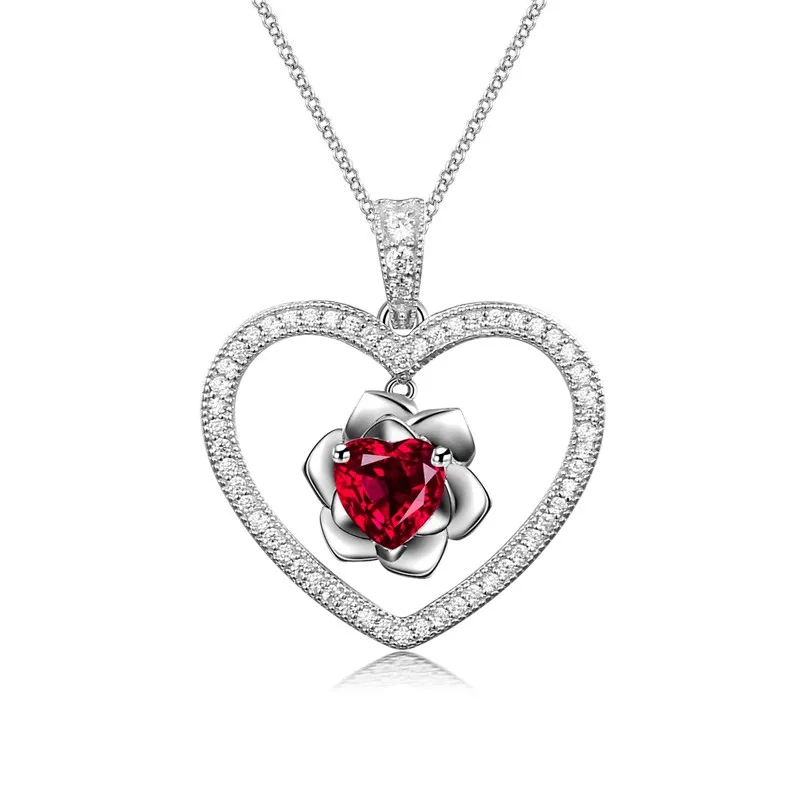 Nature Dainty Rose Heart Pendant Necklace Ruby Red Heart