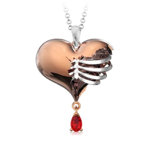 Gothic Heart Rib 18K Rose Gold Plated Pendant Necklace