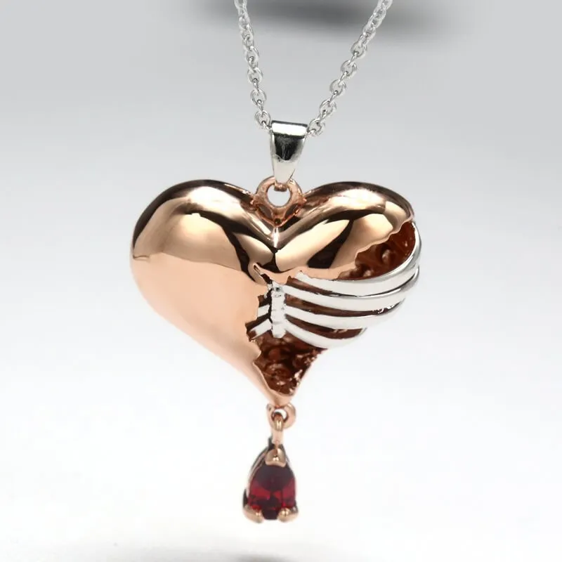 Gothic Heart Rib Pendant Necklace Garnet Red Pear