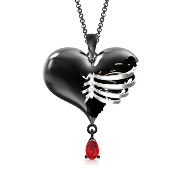 Gothic Heart Rib Black Plated Pendant Necklace