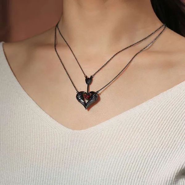Unique Heart Wing Arrow Necklace Pendant Women Black Garnet Red Heart