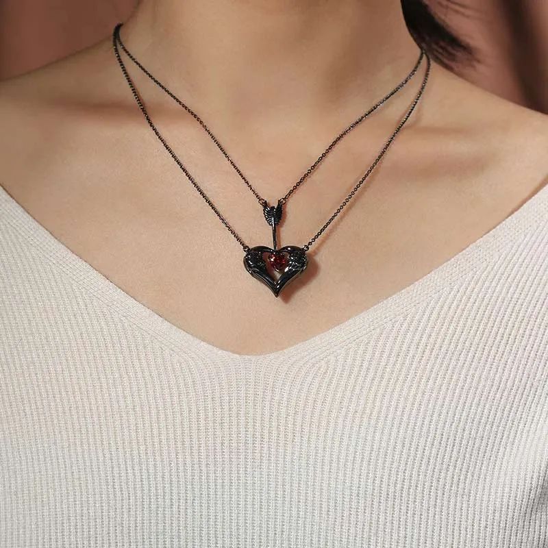 Unique Heart Wing Arrow Pendant Necklace Garnet Red Heart