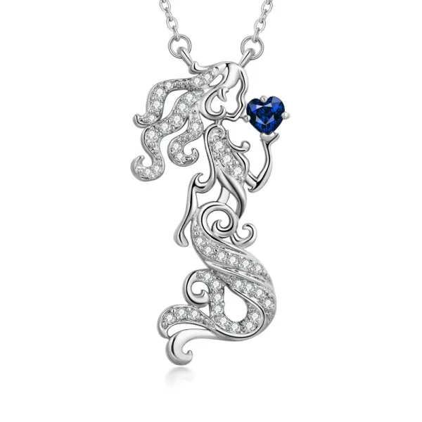 Unique Mermaid Necklace Pendant Women Silver Sapphire Blue Heart