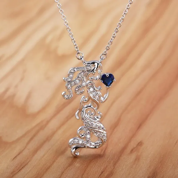 Unique Mermaid Necklace Pendant Women Silver Sapphire Blue Heart