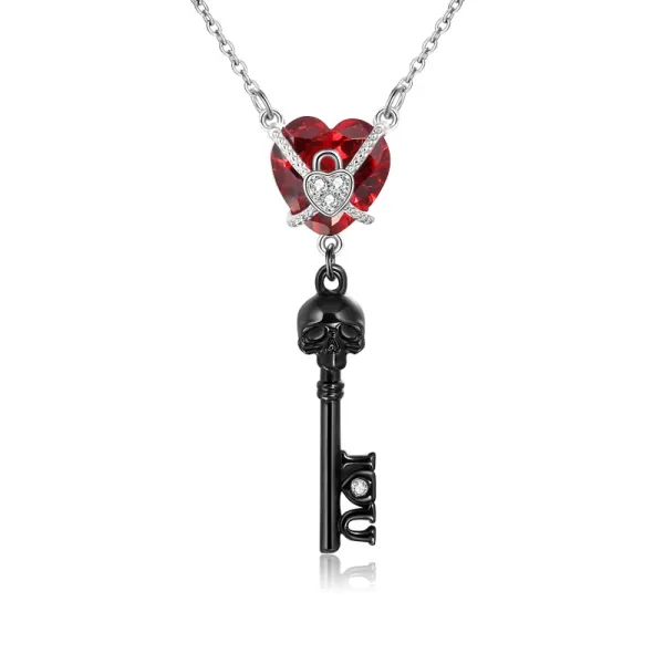 Gothic Key Necklace Pendant Women Silver Garnet Red Heart