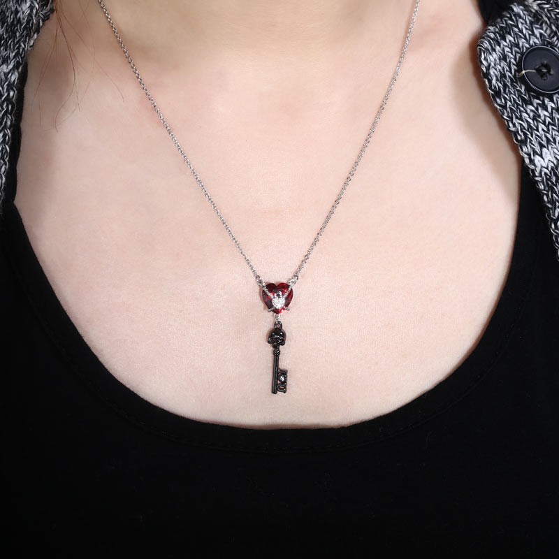 Lock and Key Necklace With Heart Gemstone and Black Skull Key-VANCARO