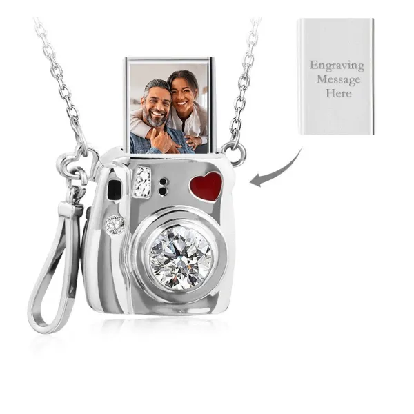 Custom Engrave Photo Necklace Camera Silver Women White Round Cubic Zirconia