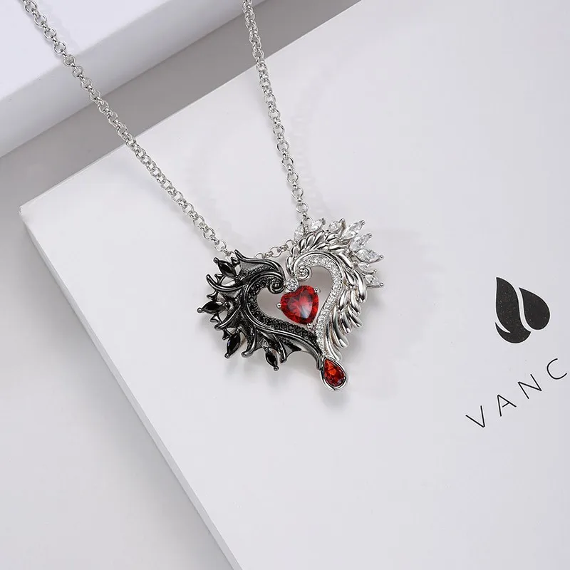 Gothic Wing Pendant Necklace Garnet Red Heart