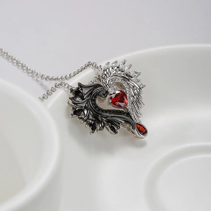 Gothic Wing Pendant Necklace Garnet Red Heart