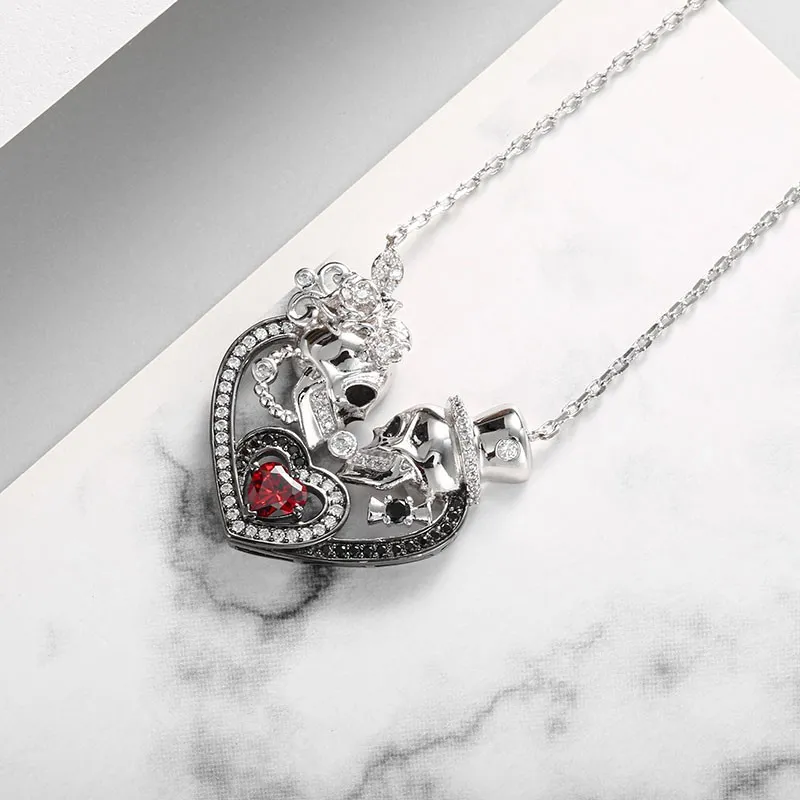 Gothic Skull Pendant Necklace Garnet Red Heart