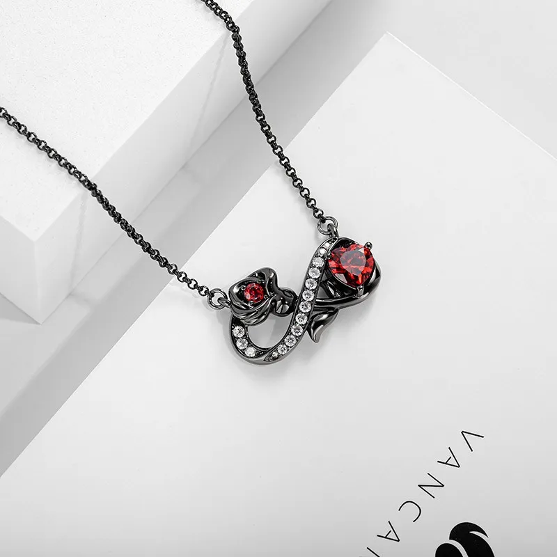 Gothic Nature Infinity Rose Pendant Necklace Garnet Red Heart