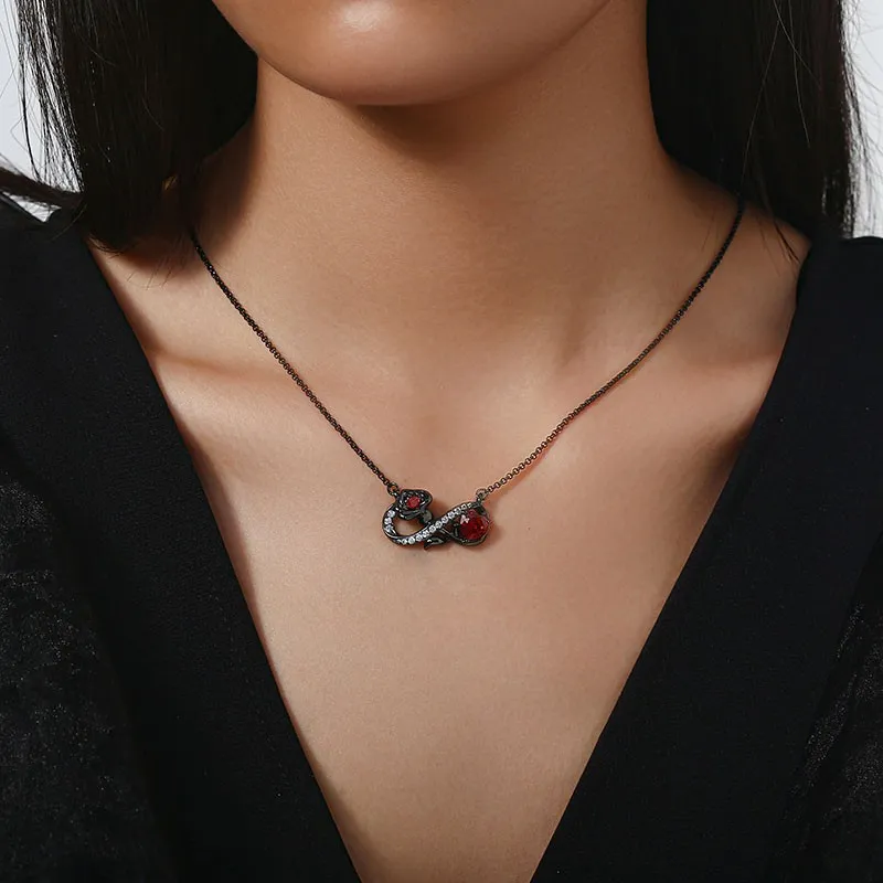 Gothic Nature Infinity Rose Pendant Necklace Garnet Red Heart