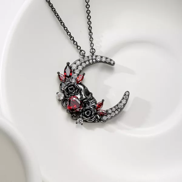 Gothic Moon Skull Necklace Pendant Women Black Garnet Red Heart