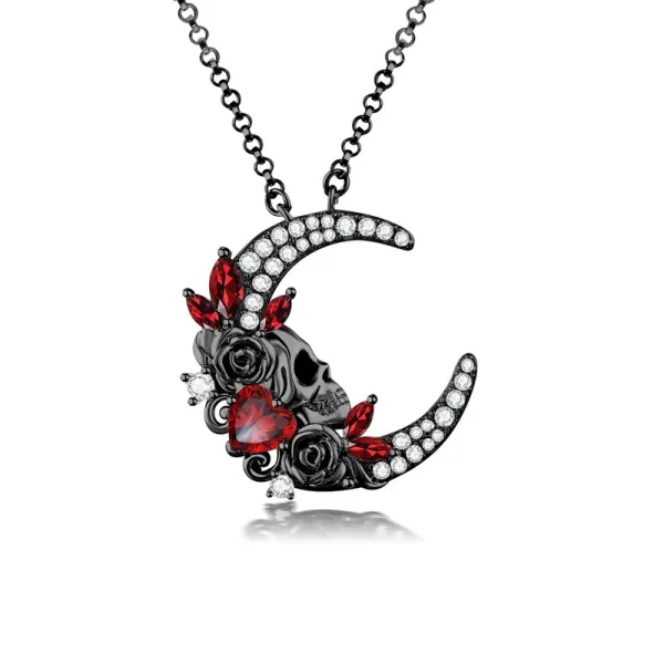 Gothic Moon Skull Necklace Pendant Women Black Garnet Red Heart
