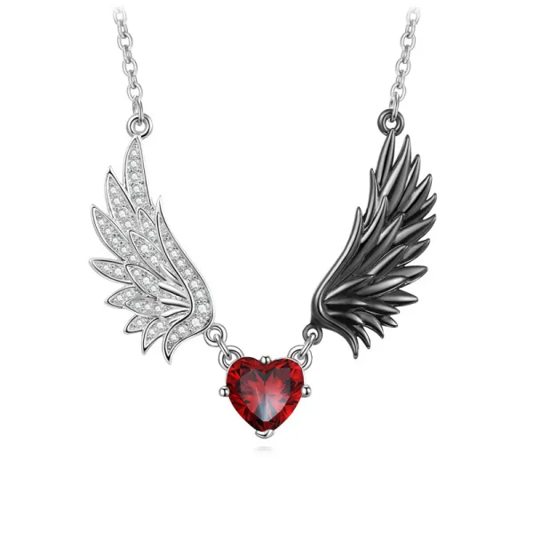 Gothic Wing Necklace Pendant Women Silver Garnet Red Heart