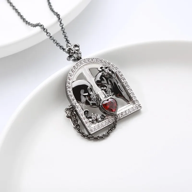 Gothic Skull Pendant Necklace Garnet Red Heart