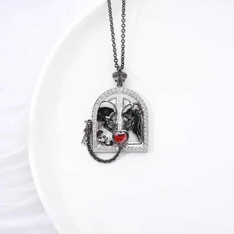 Gothic Skull Pendant Necklace Garnet Red Heart