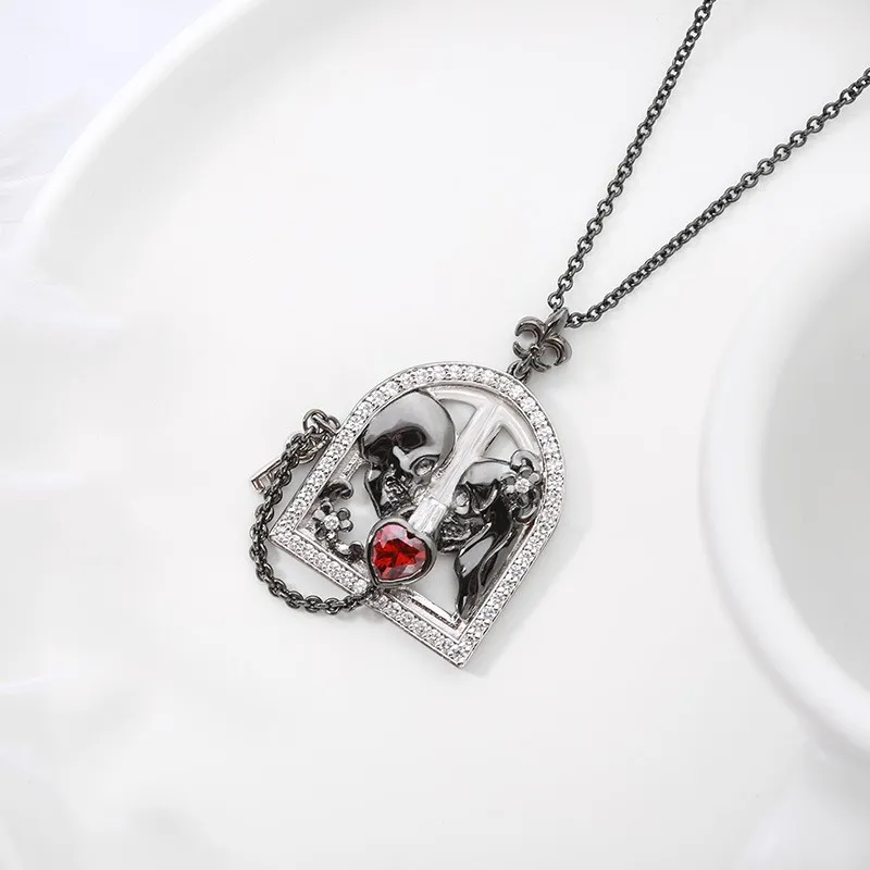 Gothic Skull Pendant Necklace Garnet Red Heart