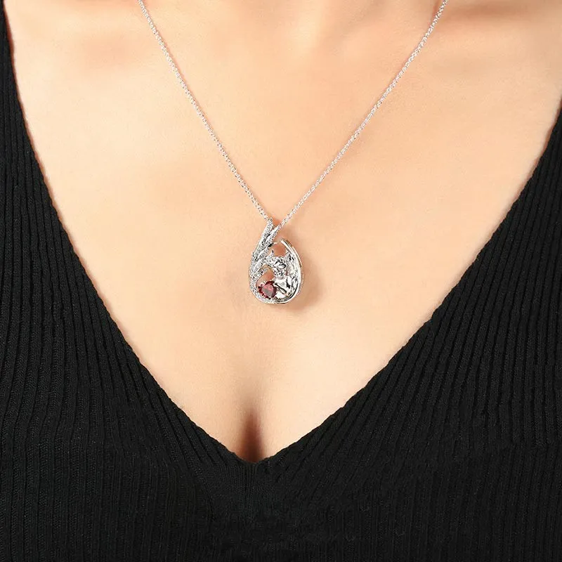 Classic Wing Pendant Necklace Garnet Red Heart