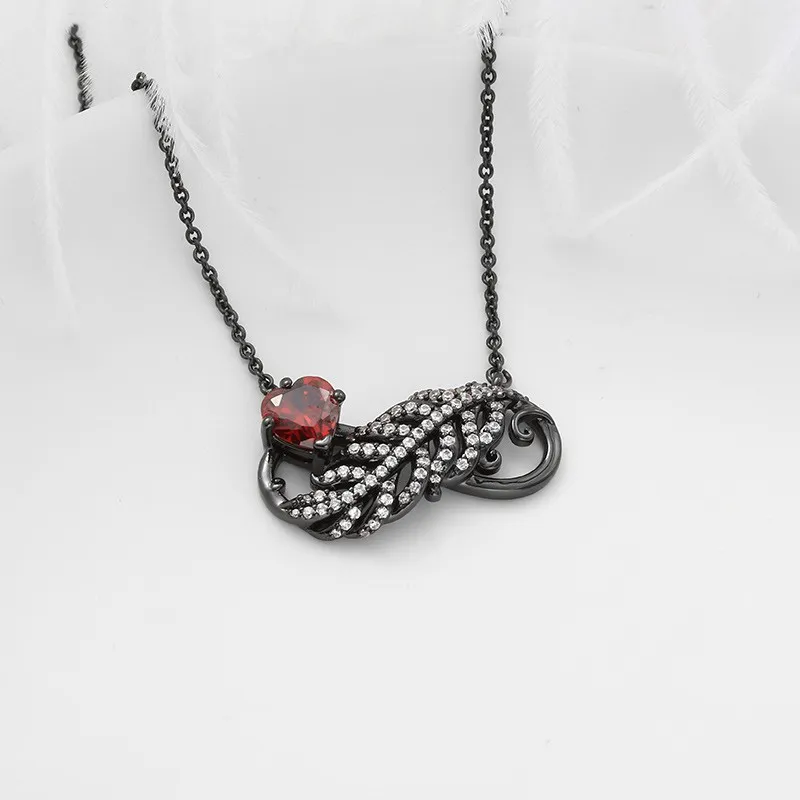 Unique Feather Pendant Necklace Garnet Red Heart