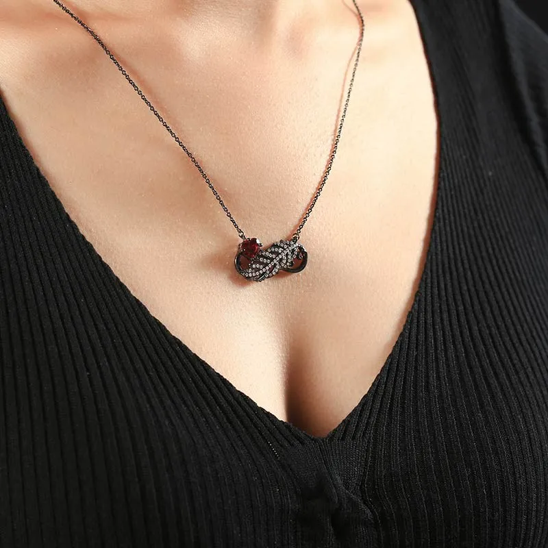 Unique Feather Pendant Necklace Garnet Red Heart