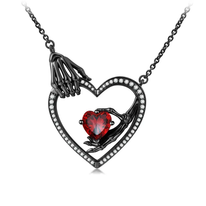 Gothic Skeleton Pendant Necklace Garnet Red Heart