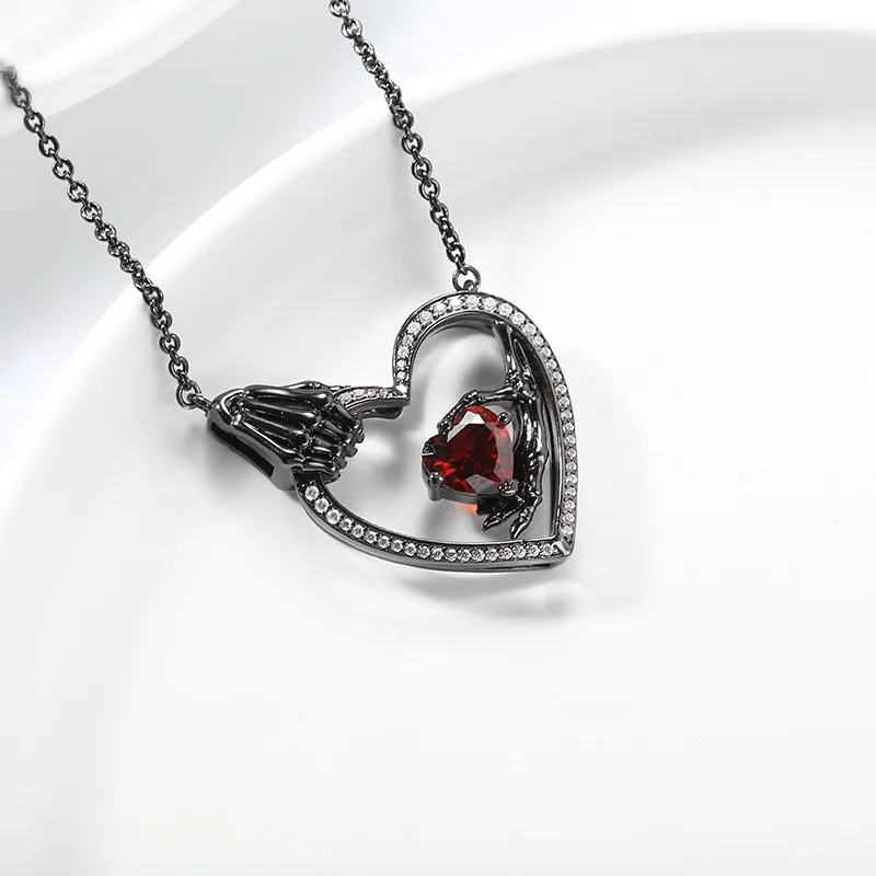 Gothic Skeleton Pendant Necklace Garnet Red Heart