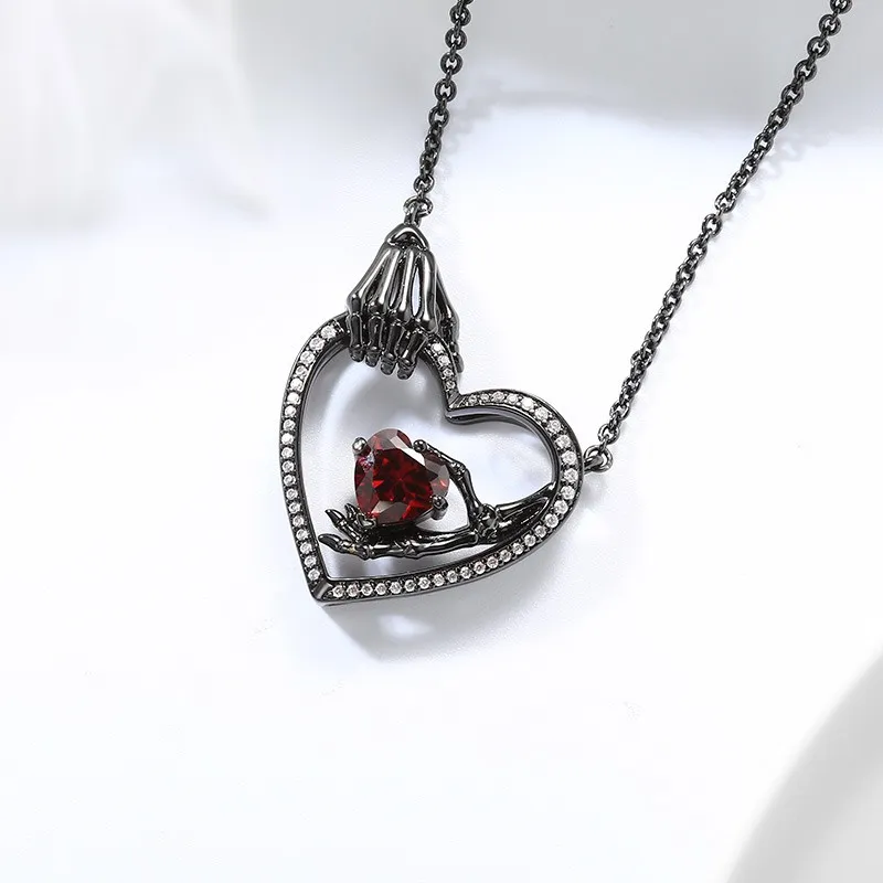 Gothic Skeleton Pendant Necklace Garnet Red Heart