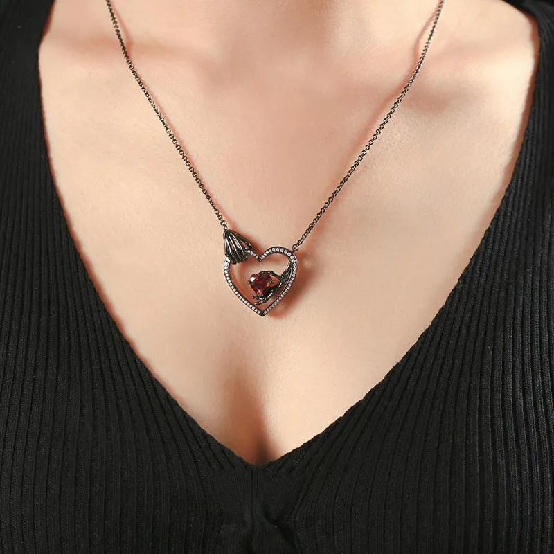 Gothic Skeleton Pendant Necklace Garnet Red Heart