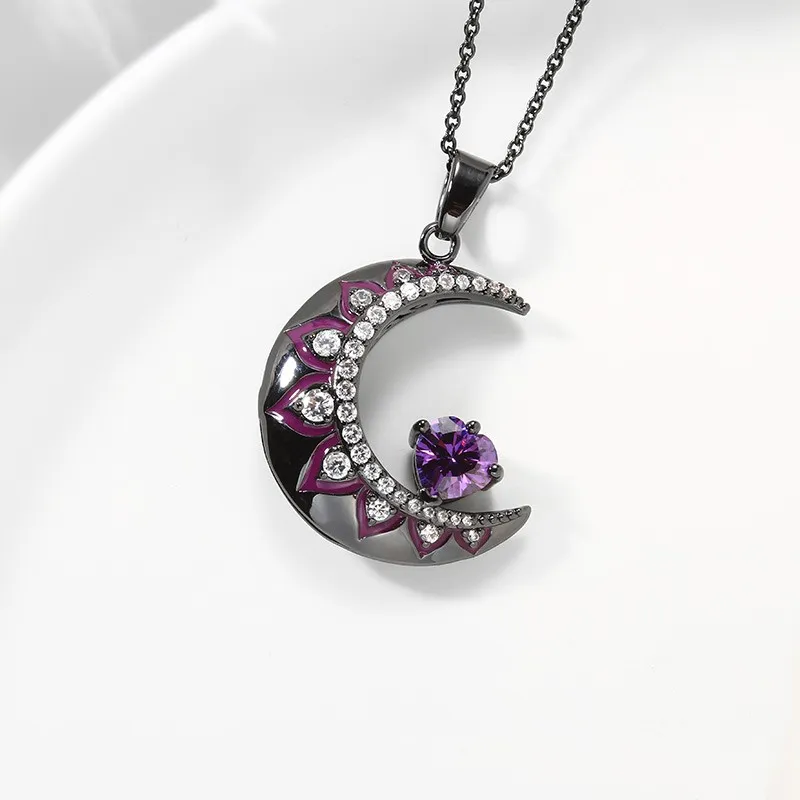 Gothic Moon Pendant Necklace Amethyst Purple Heart