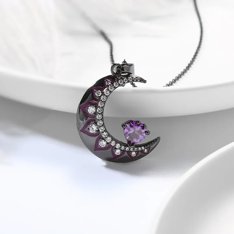 Gothic Moon Pendant Necklace Amethyst Purple Heart