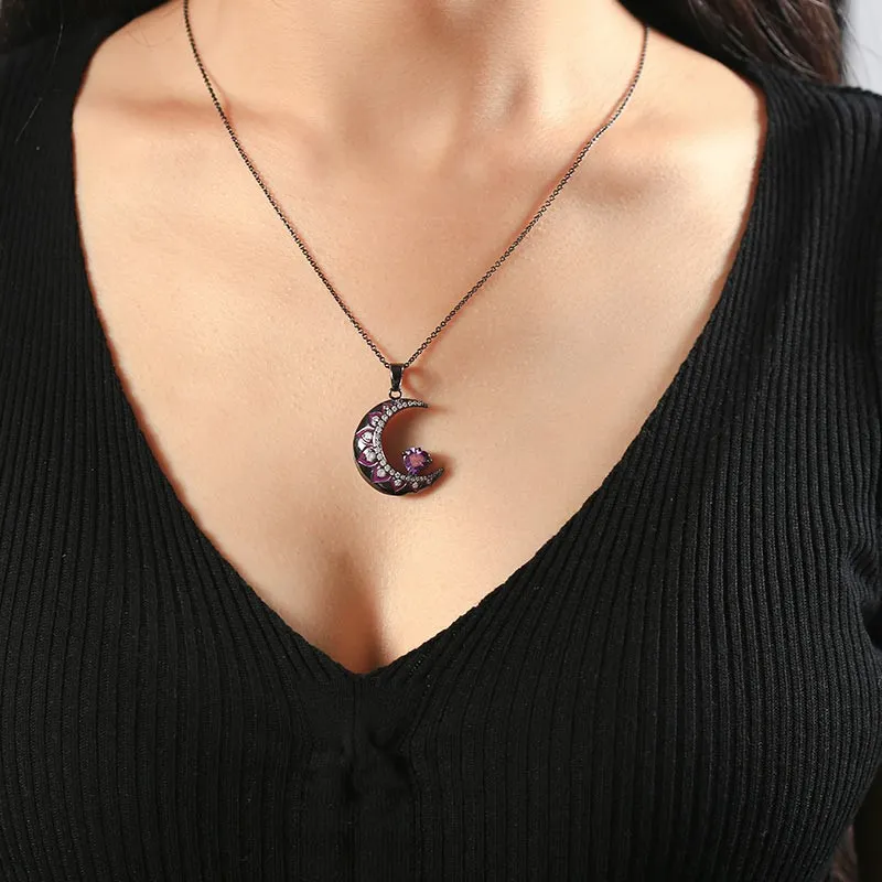 Gothic Moon Pendant Necklace Amethyst Purple Heart