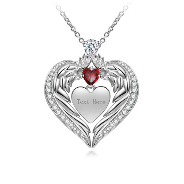 Classic Heart Wing Necklace Pendant Women Silver Garnet Red Heart