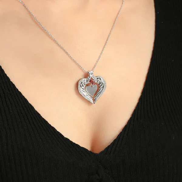 Classic Heart Wing Necklace Pendant Women Silver Garnet Red Heart