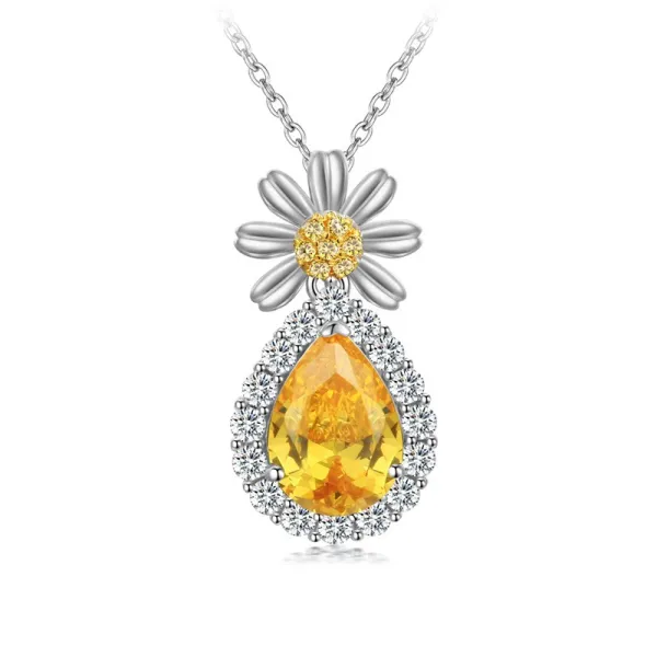 Classic Daisy Necklace Pendant Women Silver Yellow Pear