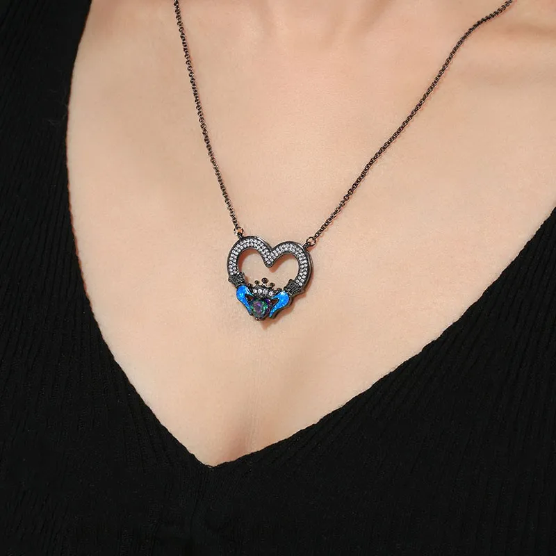 Gothic Claddagh Pendant Necklace Rainbow Heart