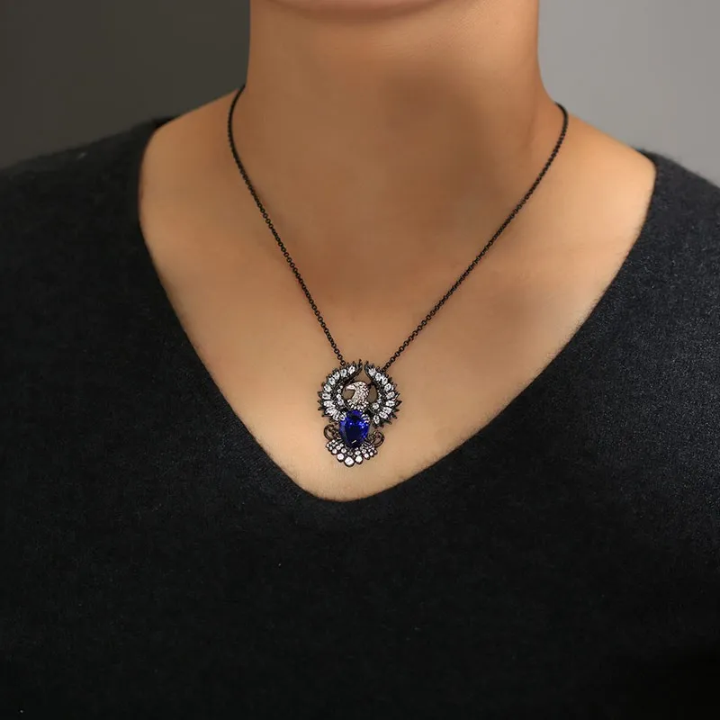 Unique Eagle Pendant Necklace Sapphire Blue Pear