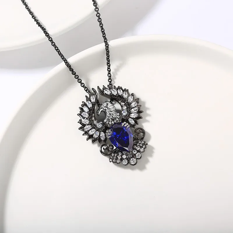 Unique Eagle Pendant Necklace Sapphire Blue Pear