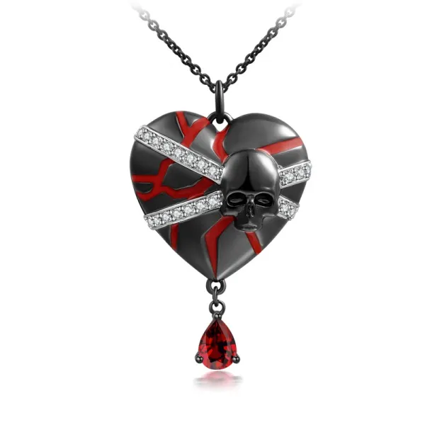 Gothic Heart Skull Black Plated Pendant Necklace