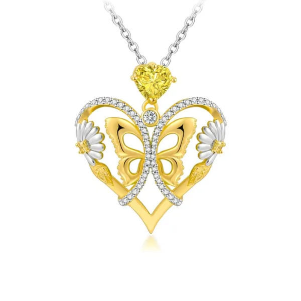 Nature Butterfly Daisy Necklace Pendant Women 14K Gold Yellow Heart
