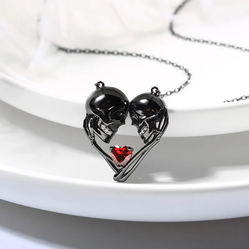 Gothic Skull Pendant Necklace Garnet Red Heart