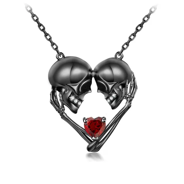 Gothic Skull Necklace Pendant Women Black Garnet Red Heart