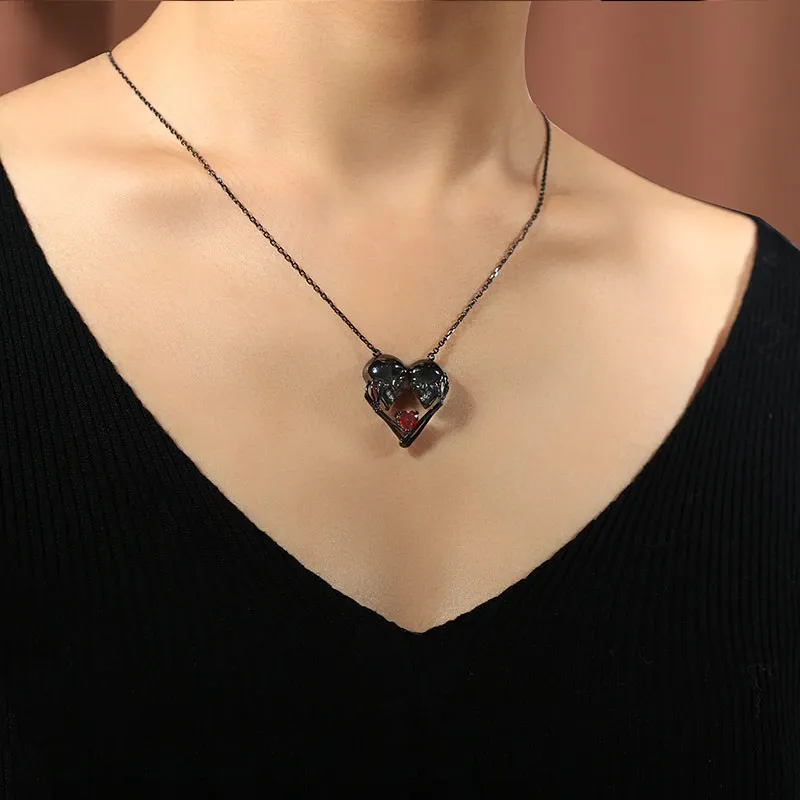 Gothic Skull Pendant Necklace Garnet Red Heart