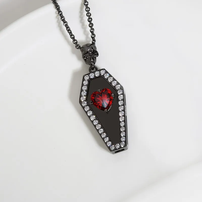 Gothic Coffin Skull Pendant Necklace Garnet Red Heart