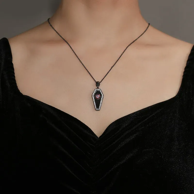 Gothic Coffin Skull Pendant Necklace Garnet Red Heart