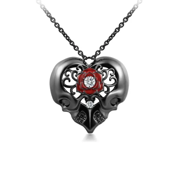 Gothic Nature Rose Skull Black Plated Pendant Necklace