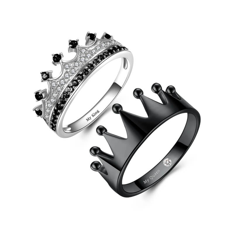 Crown Couple Ring My King And My Queen Engraved In Black Vancaro