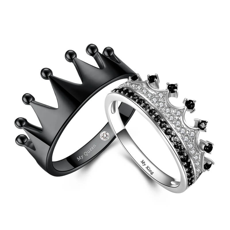 Crown Couple Ring My King And My Queen Engraved In Black Vancaro