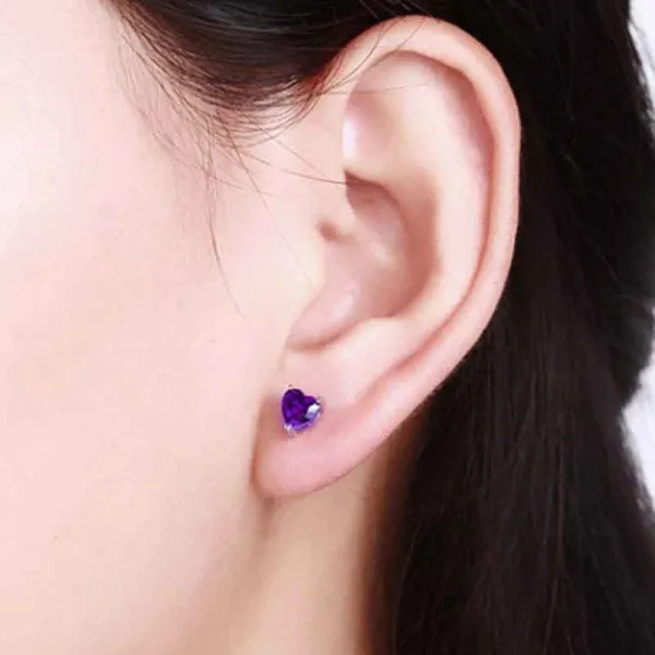 Earrings Simple Stud Women Silver Amethyst Purple Heart